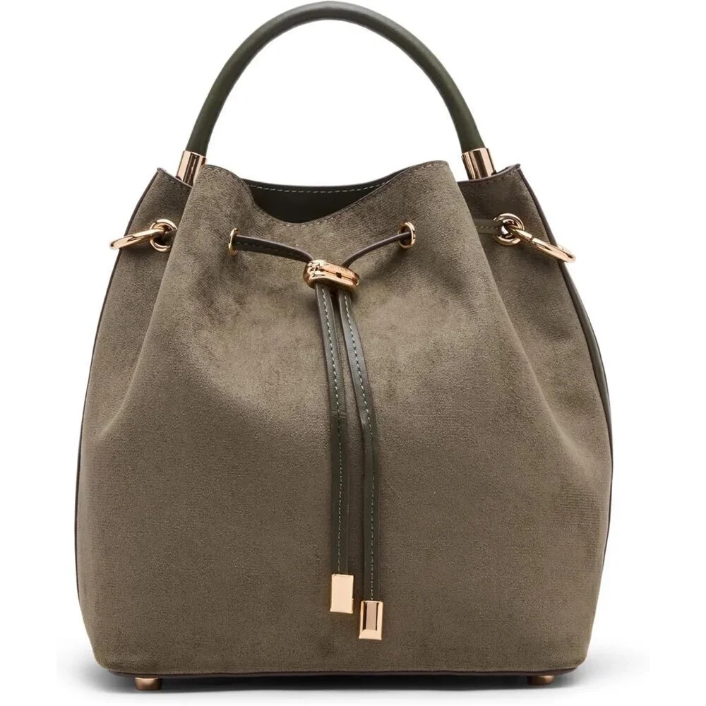 Womens Medium Bucket Bag Polyester Olive Convertible Strap Drawstring